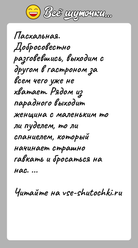 История: Пасхальная. Добросовестно разговевшись, выходим с другом в гастроном за всем чего уже не хватает. Рядом из парадного выходит