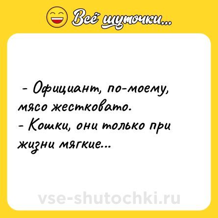 Шутка:  - Официант, по-моему, мясо жестковато. <br>- Кошки, они только при жизни мягкие...  