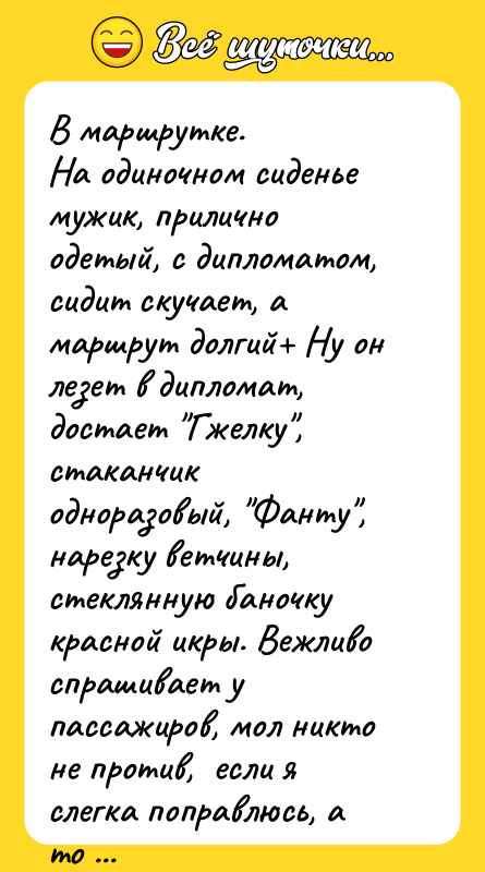 В маршрутке. На одиночном сиденье мужик, прилично одетый, с дипломатом,
