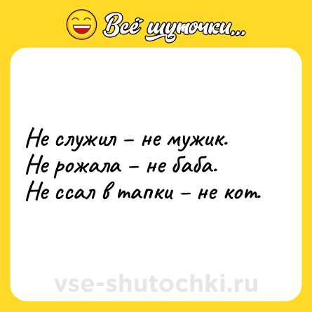 Шутка: Не служил – не мужик.<br>Не рожала – не баба.<br>Не ссал в тапки – не кот.