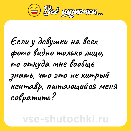 Шутка: Если у девушки на всех фото видно только лицо, то откуда мне вообще знать, что это не хитрый кентавр, пытающийся меня совратить?