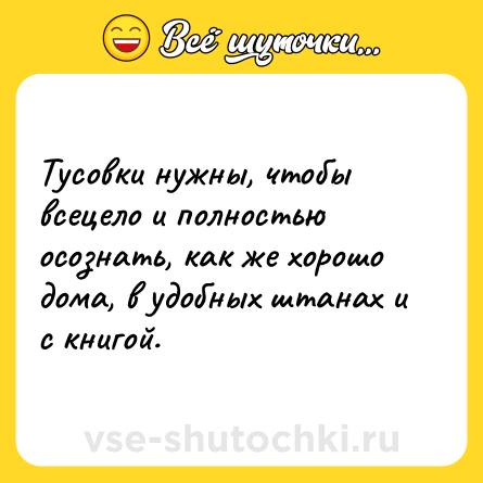 Шутка: Тусовки нужны, чтобы всецело и полностью осознать, как же хорошо дома, в удобных штанах и с книгой.