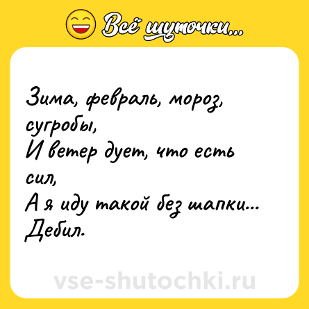 Шутка: Зима, февраль, мороз, сугробы,<br>И ветер дует, что есть сил,<br>А я иду такой без шапки...<br>Дебил.