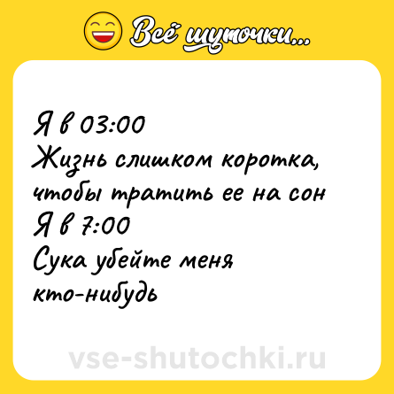 Шутка: Я в 03:00  <br>Жизнь слишком коротка, чтобы тратить ее на сон <br>Я в 7:00 <br>Сука убейте меня кто-нибудь