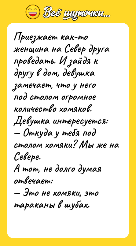 Приезжает как-то женщина на Север друга проведать. И зайдя к