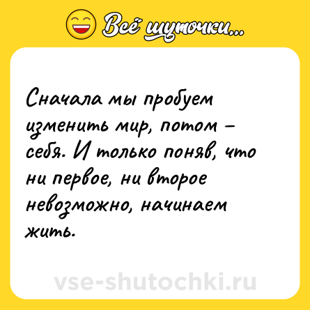 Шутка: Сначала мы пробуем изменить мир, потом – себя. И только поняв, что ни первое, ни второе невозможно, начинаем жить.