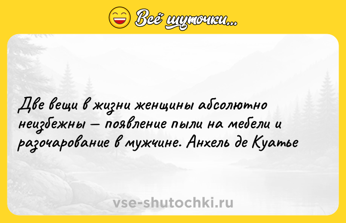 Цитата: Две вещи в жизни женщины абсолютно неизбежны появление пыли на мебели и разочарование в мужчине. Анхель де Куатье