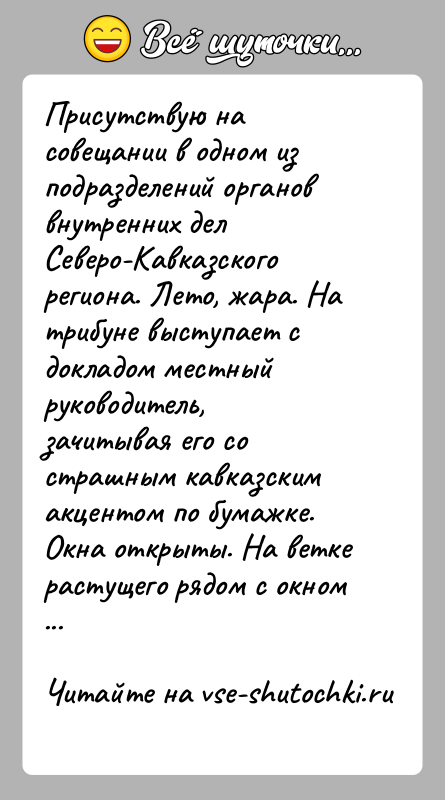 История: Присутствую на совещании в одном из подразделений органов внутренних дел Северо-Кавказского региона. Лето, жара. На трибуне выступает с докладом местный