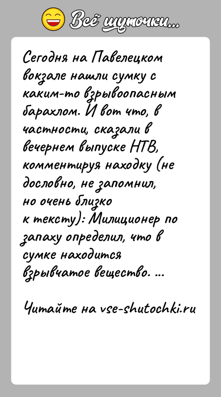 История: Сегодня на Павелецком вокзале нашли сумку с каким-то взрывоопаснымбарахлом. И вот что, в частности, сказали в вечернем выпуске НТВ,комментируя находку