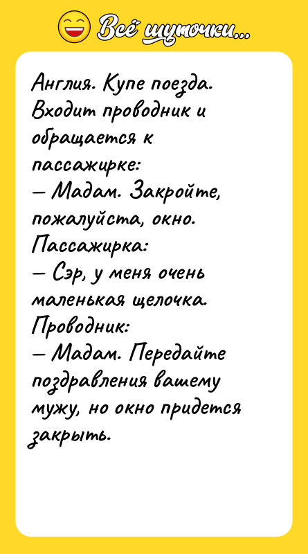 Англия. Купе поезда. Входит проводник и обращается к пассажирке: