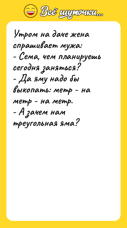 Утром на даче жена спрашивает мужа: - Сема, чем планируешь