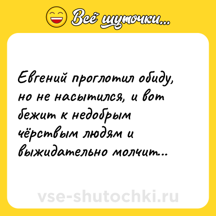 Шутка: Евгений проглотил обиду, но не насытился, и вот бежит к недобрым чёрствым людям и выжидательно молчит...