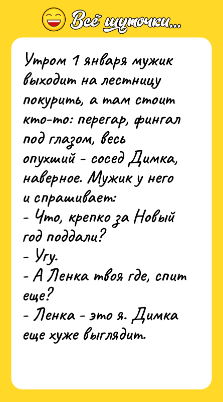 Утром 1 января мужик выходит на лестницу покурить, а там