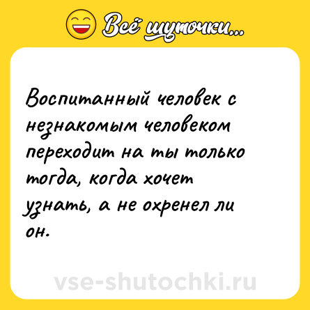 Шутка: Воспитанный человек с незнакомым человеком переходит на ты только тогда, когда хочет узнать, а не охренел ли он.