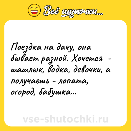 Шутка: Поездка на дачу, она бывает разной. Хочется  - шашлык, водка, девочки, а получаешь - лопата, огород, бабушка…