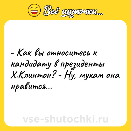 Шутка: - Как вы относитесь к кандидату в президенты Х.Клинтон? - Ну, мухам она нравится…