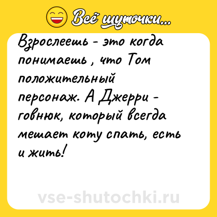 Шутка: Взрослеешь - это когда понимаешь , что Том положительный персонаж. А Джерри - говнюк, который всегда мешает коту спать, есть и жить!<br><br>