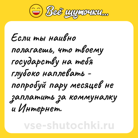 Шутка: Если ты наивно полагаешь, что твоему государству на тебя глубоко наплевать - попробуй пару месяцев не заплатить за коммуналку и Интернет.