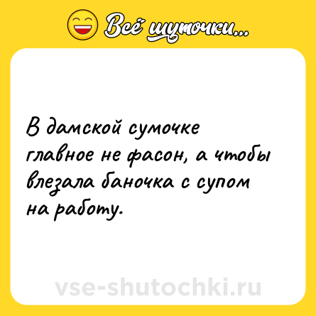 Шутка: В дамской сумочке главное не фасон, а чтобы влезала баночка с супом на работу.