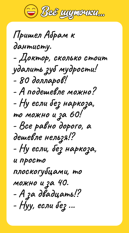 Пришел Абрам к дантисту. - Доктор, сколько стоит удалить зуб