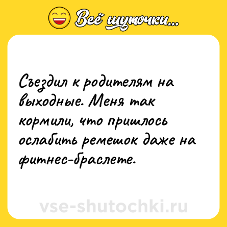 Шутка: Съездил к родителям на выходные. Меня так кормили, что пришлось ослабить ремешок даже на фитнес-браслете.