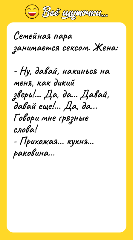 Семейная пара занимается ceкcом. Жена:  - Ну, давай, накинься