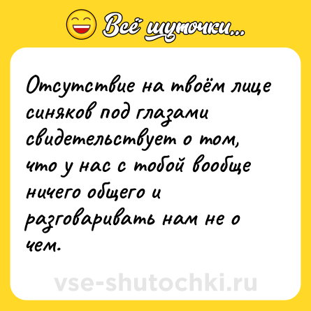 Шутка: Отсутствие на твоём лице синяков под глазами свидетельствует о том, что у нас с тобой вообще ничего общего и разговаривать нам не о чем.