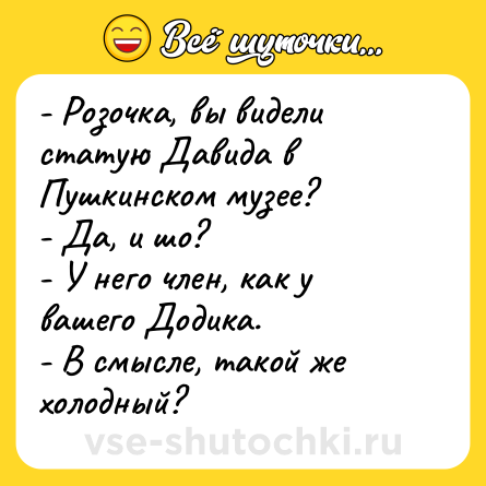 Шутка: - Розочка, вы видели статую Давида в Пушкинском музее?<br>- Да, и шо?<br>- У него член, как у вашего Додика.<br>- В смысле, такой же холодный?