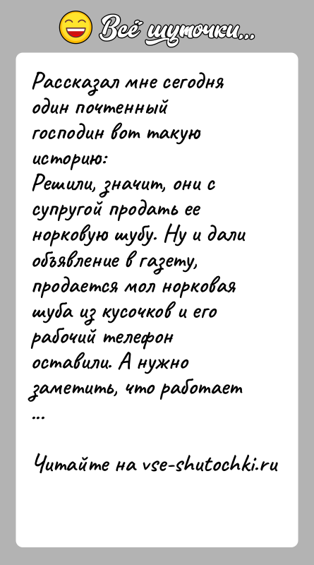 История: Рассказал мне сегодня один почтенный господин вот такую историю:Решили, значит, они с супругой продать ее норковую шубу. Ну и далиобъявление