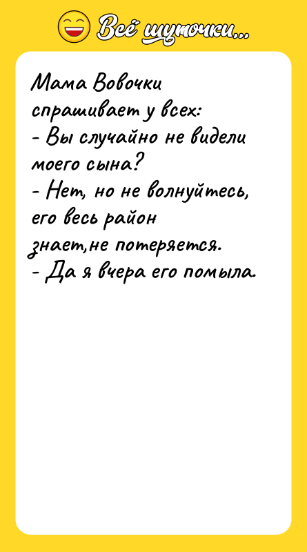 Мама Вовочки спрашивает у всех: - Вы случайно не видели