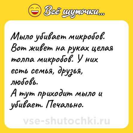 Шутка: Мыло убивает микробов. Вот живет на руках целая толпа микробов. У них есть семья, друзья, любовь. А тут приходит мыло и убивает. Печально.