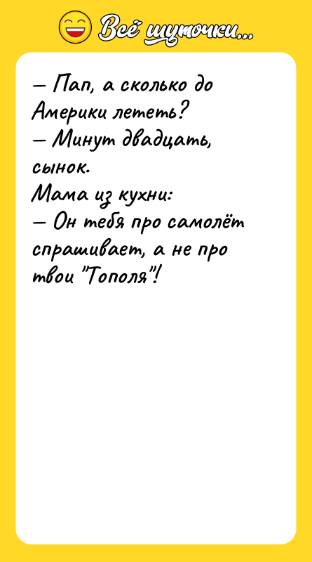 — Пап, а сколько до Америки лететь?  — Минут двадцать,