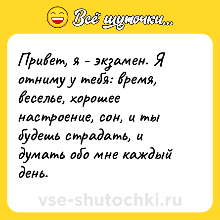 Шутка: Привет, я - экзамен. Я отниму у тебя: время, веселье, хорошее настроение, сон, и ты будешь страдать, и думать обо мне каждый день.