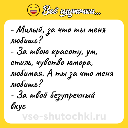Шутка: - Милый, за что ты меня любишь?<br>- За твою красоту, ум, стиль, чувство юмора, любимая. А ты за что меня любишь?<br>- За твой безупречный вкус