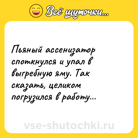 Шутка: Пьяный ассенизатор споткнулся и упал в выгребную яму. Так сказать, целиком погрузился в работу…