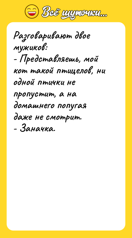 Разговаривают двое мужиков: - Представляешь, мой кот такой