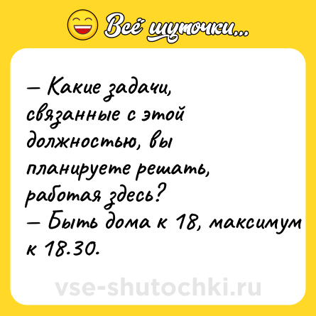 Шутка: — Какие задачи, связанные с этой должностью, вы планируете решать, работая здесь?<br>— Быть дома к 18, максимум к 18.30.