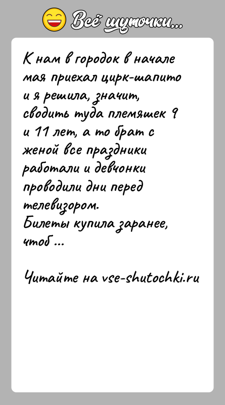История: К нам в городок в начале мая приехал цирк-шапито и я решила, значит, сводить туда племяшек 9 и 11 лет,
