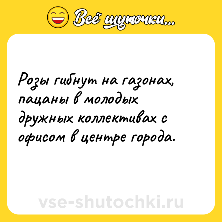 Шутка: Розы гибнут на газонах, пацаны в молодых дружных коллективах с офисом в центре города.<br>
