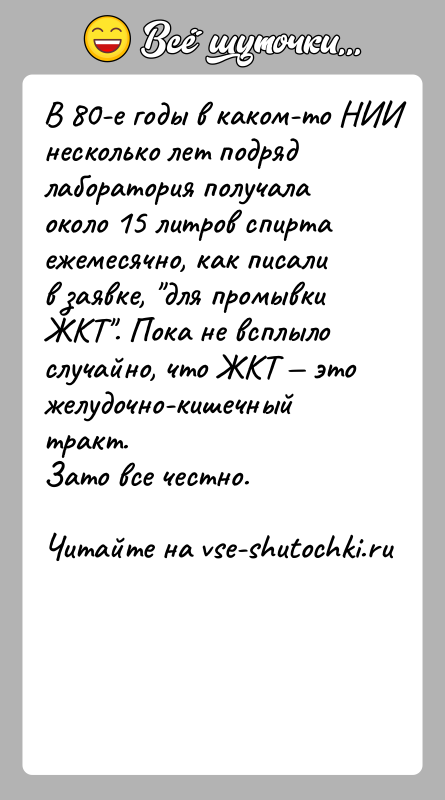История: В 80-е годы в каком-то НИИ несколько лет подряд лаборатория получала около 15 литров спирта ежемесячно, как писали в заявке,