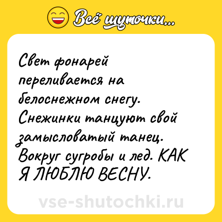Шутка: Свет фонарей переливается на белоснежном снегу. Снежинки танцуют свой замысловатый танец. Вокруг сугробы и лед. КАК Я ЛЮБЛЮ ВЕСНУ.
