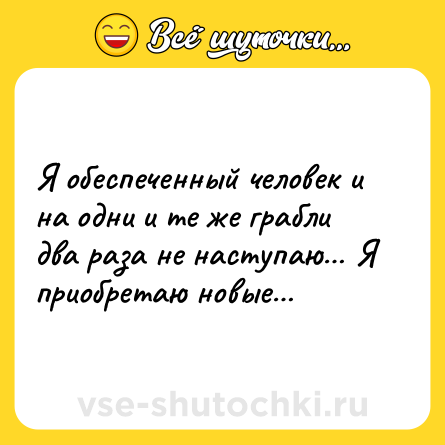 Шутка: Я обеспеченный человек и на одни и те же грабли два раза не наступаю… Я приобретаю новые…