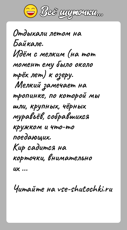 История: Отдыхали летом на Байкале.Идём с мелким (на тот момент ему было около трёх лет) к озеру. Мелкий замечает на тропинке,
