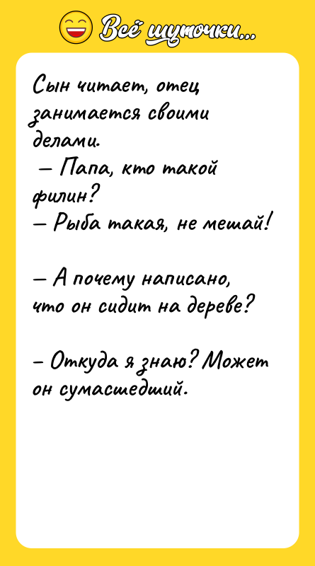 Сын читает, отец занимается своими делами.  — Папа, кто