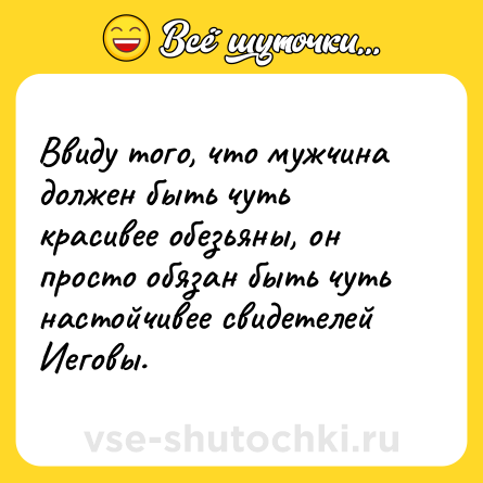 Шутка: Ввиду того, что мужчина должен быть чуть красивее обезьяны, он просто обязан быть чуть настойчивее свидетелей Иеговы.