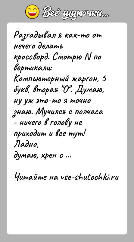 История: Разгадывал я как-то от нечего делать кроссворд. Смотрю N по вертикали:Компьютерный жаргон, 5 букв, вторая О . Думаю, ну уж это-то
