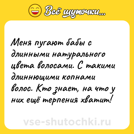 Шутка: Меня пугают бабы с длинными натурального цвета волосами. С такими длиннющими копнами волос. Кто знает, на что у них ещё терпения хватит!