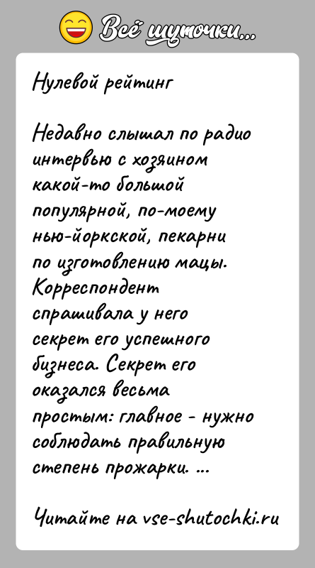 История: Нулевой рейтингНедавно слышал по радио интервью с хозяином какой-то большой популярной, по-моему нью-йоркской, пекарни по изготовлению мацы. Корреспондент спрашивала у