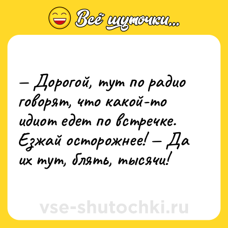 Шутка: — Дорогой, тут по радио говорят, что какой-то идиот едет по встречке. Езжай осторожнее! — Да их тут, блять, тысячи!