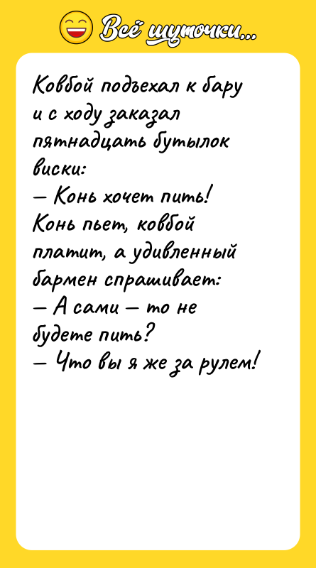 Ковбой подъехал к бару и с ходу заказал пятнадцать бутылок